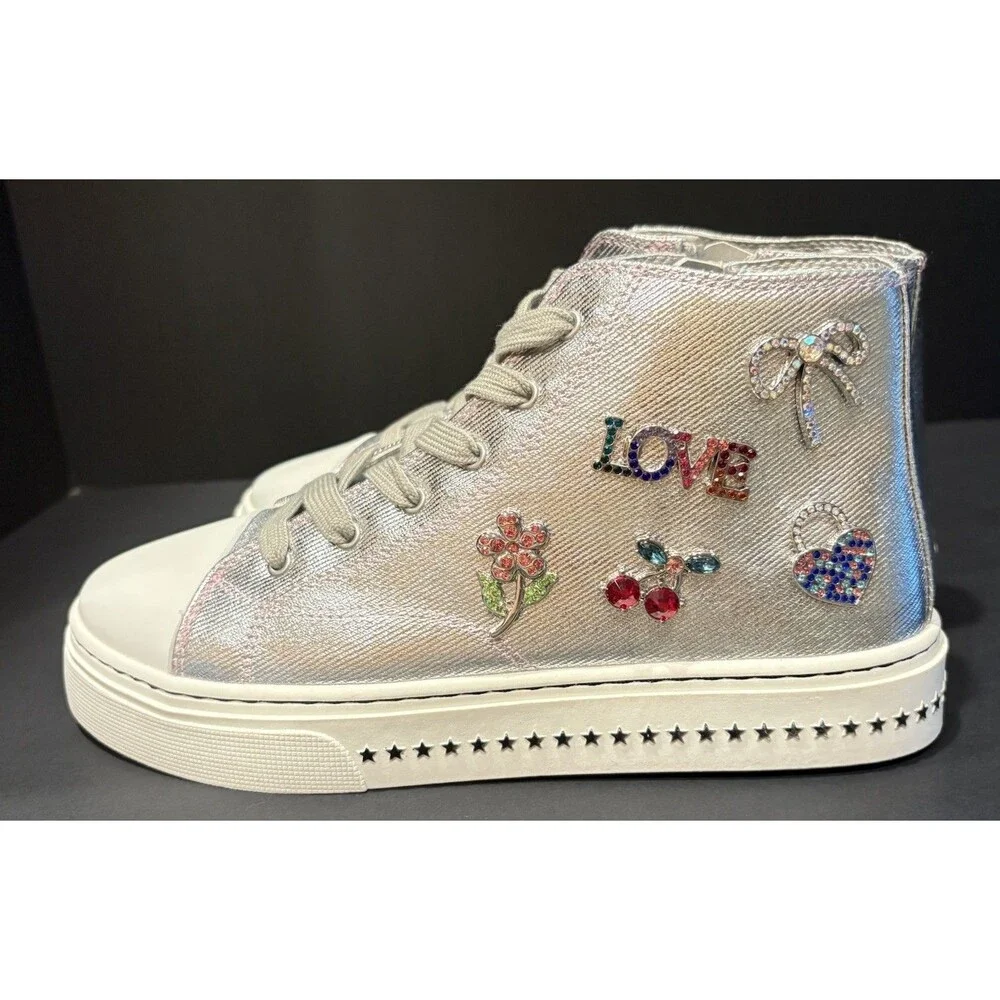 Steve Madden Shoes Girls Size 5 Silver High Top Sneaker Glitter Rhinestone